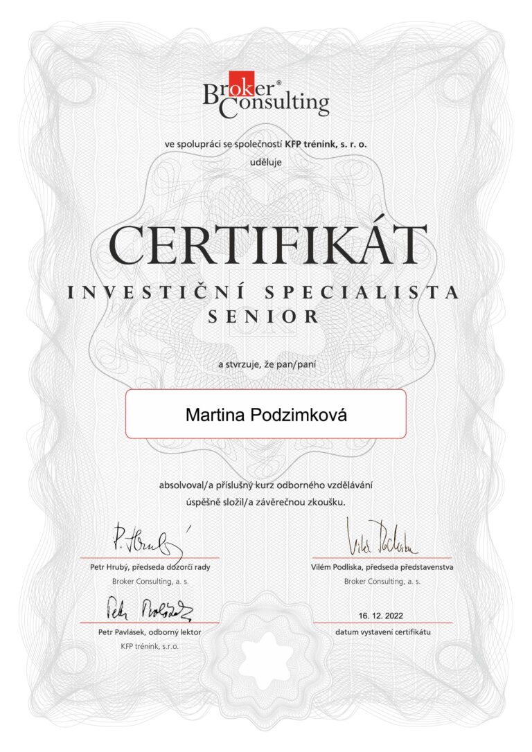 ISS Investiční specialista senior certifikát Martina Podzimková